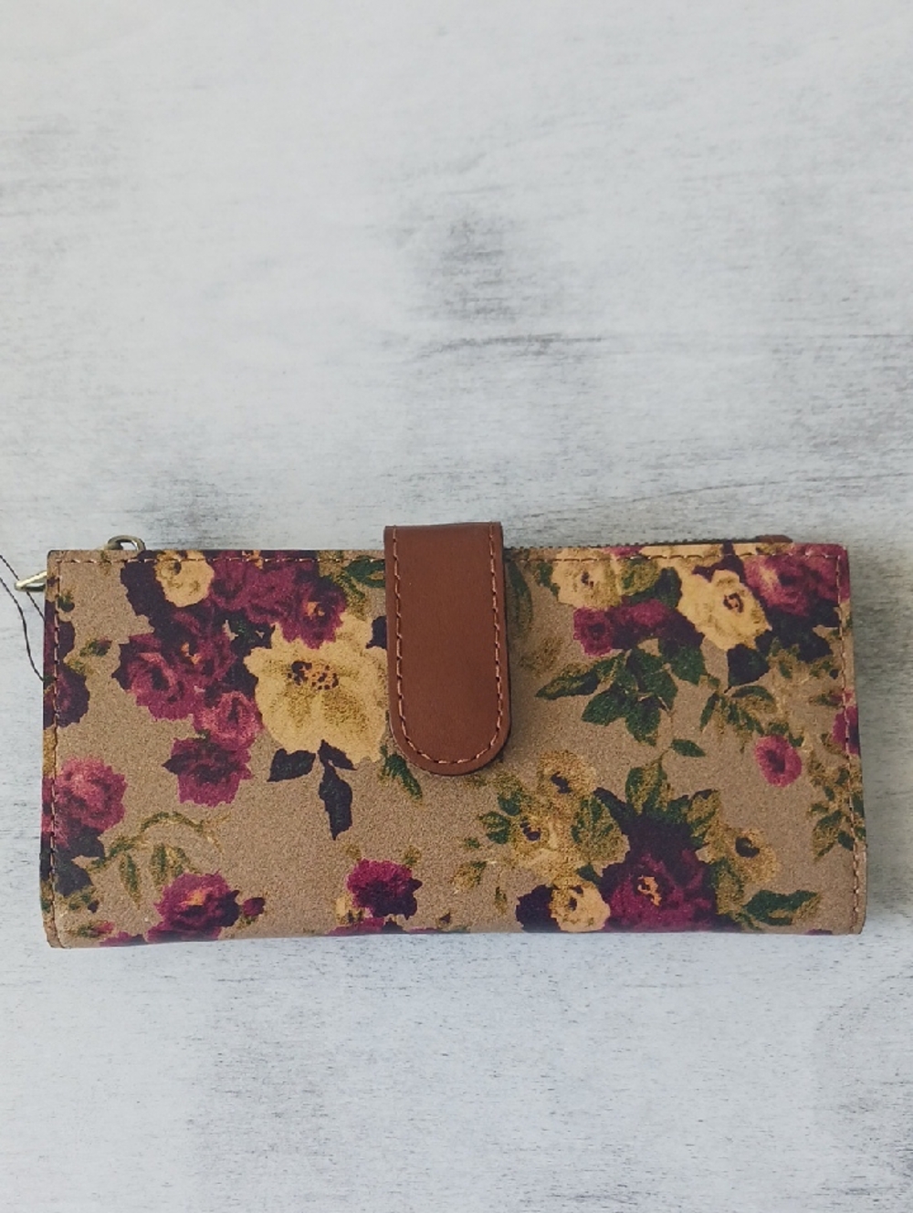 Patricia Nash Nazari Floral Leather Bi-Fold Wallet RFID Antique Rose Tan Red